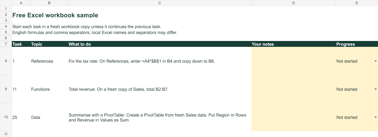 Three original sample tasks with editable practice notes
